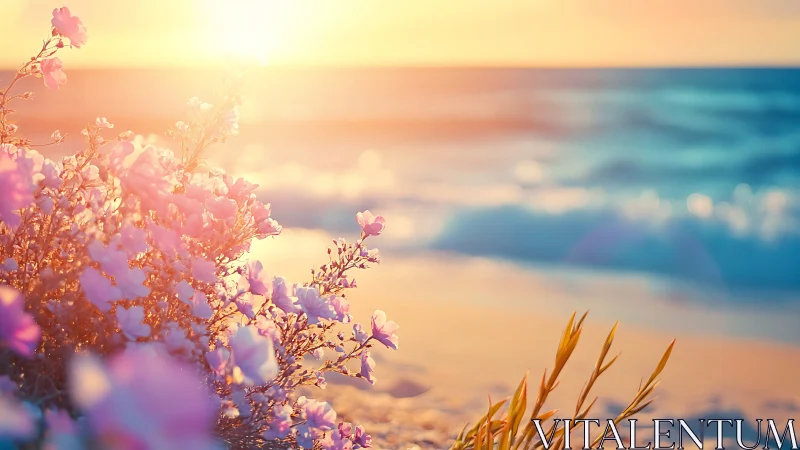 Sunlit pink wildflowers glow beside calm ocean surf at dusk