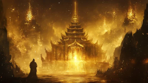 Golden tiered temple in luminous atmospheric landscape.