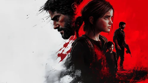 Post-apocalyptic duo in red and white split composition.