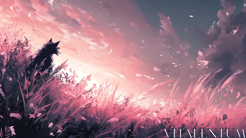 Silhouetted wolf in pink dusk grassland under sweeping clouds