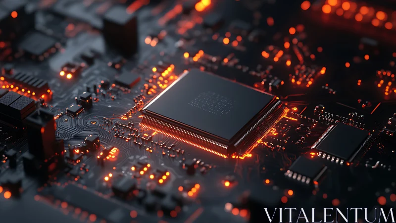 Close-up integrated circuit board with glowing chipset.