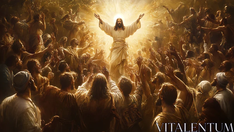 Radiant messiah rises amid worshipping golden lit crowd.