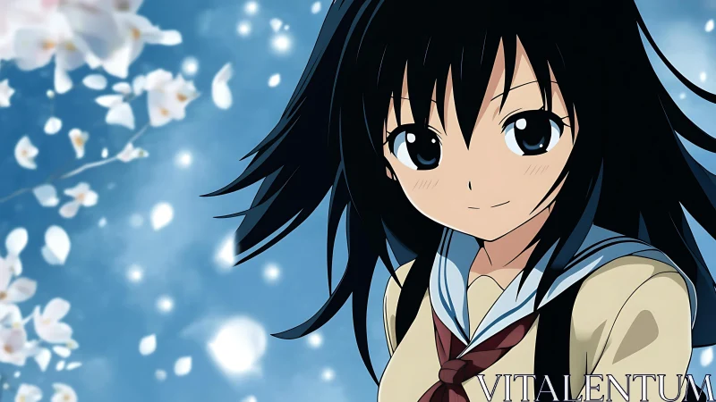 Spring breeze anime schoolgirl with cherry blossom bokeh.