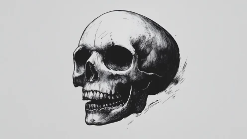 Monochrome human skull side view illustration on white field.