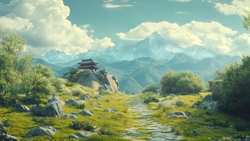 Stone path to mountain temple under bright sky.