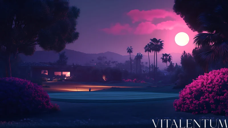 Neon dusk golf green under magenta sun with palm silhouettes