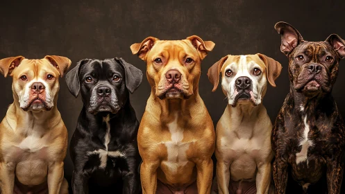 Five soulful dogs lined up in a warm studio portrait.