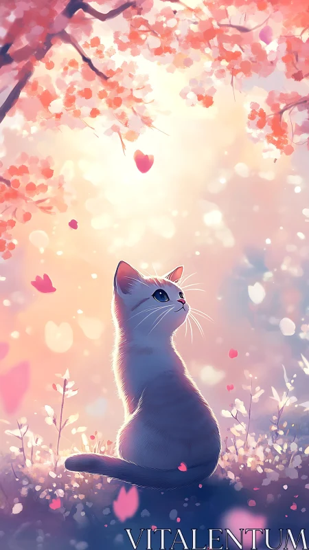 White Cat Contemplates Pink Petals in Luminescent Garden Reverie