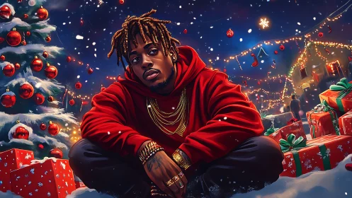 Holiday street portrait under glowing Christmas lights.