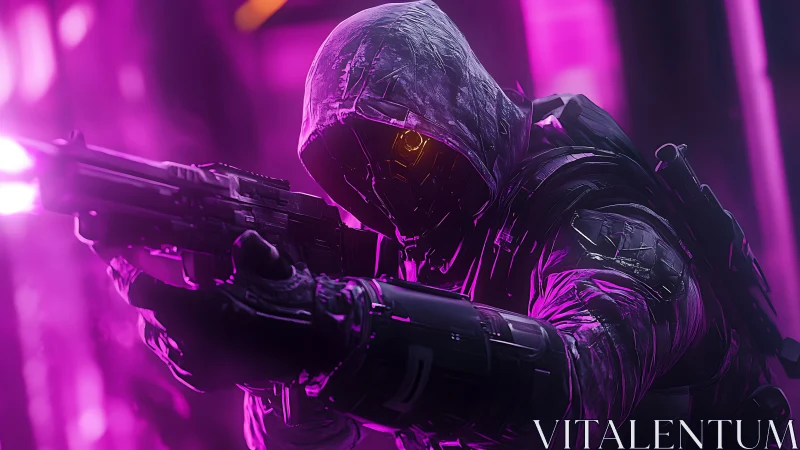 Hooded cybernetic marksman aims rifle under neon magenta haze
