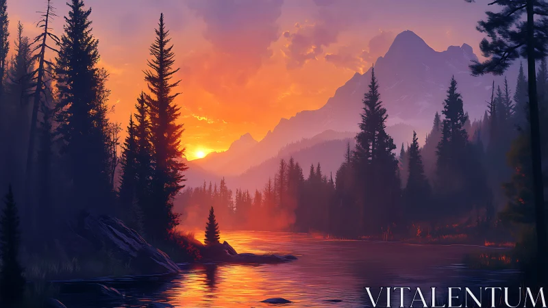 Radiant alpine sunset illuminates conifer river valley