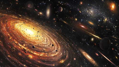 Radiant galactic whirlpool ignites a vast cosmic expanse.