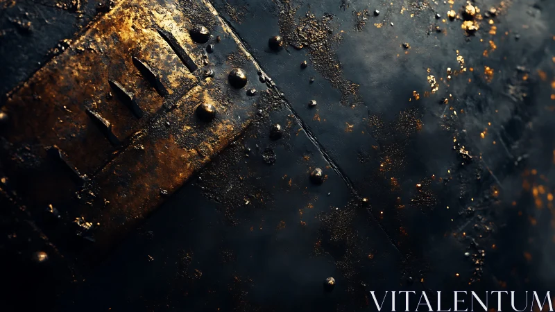 Weathered metallic surface with rivets and oxidized patina.