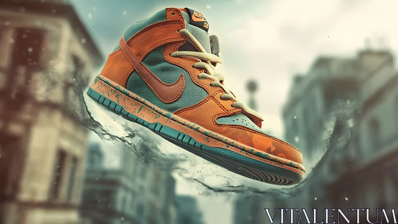Floating orange teal sneaker rendered in dynamic street scene