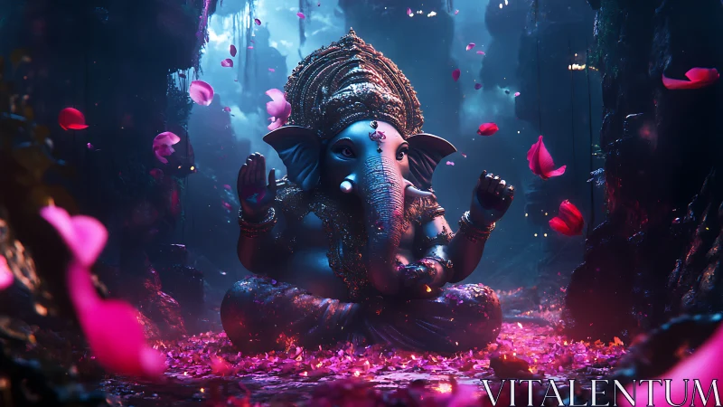 3D luminous Ganesha idol in mystical rose-petal cavern.