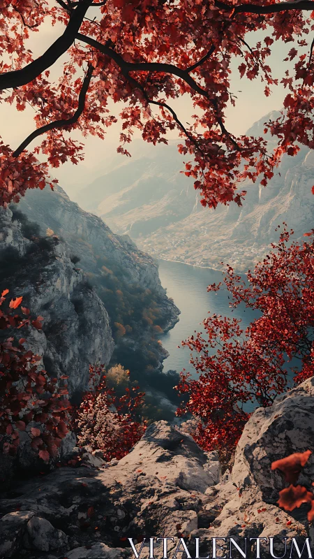 Vertical canyon vista framed by red foliage and layered haze