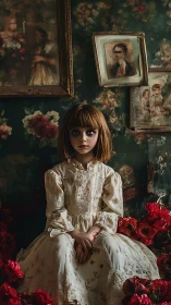 Girl in Vintage White Dress Against Floral Wallpaper and Framed Portraits