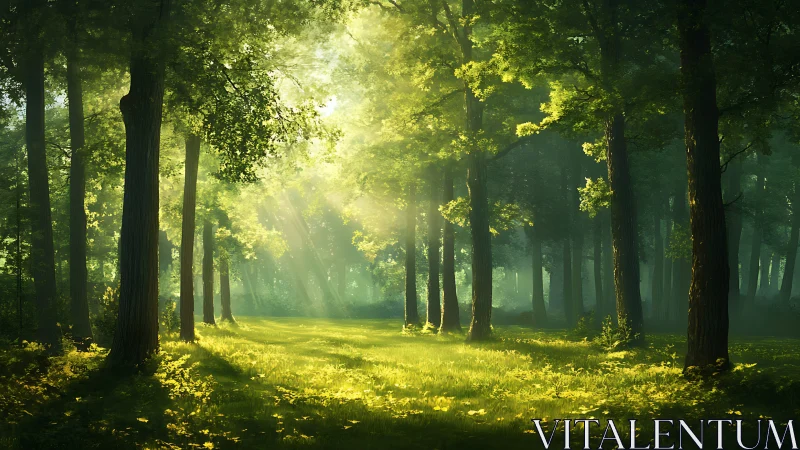 Sunlit forest clearing with lush greenery in a tranquil, realistic style.