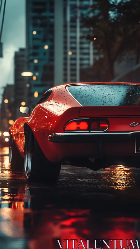 Rain-soaked classic sports car with bokeh city lights and wet reflections