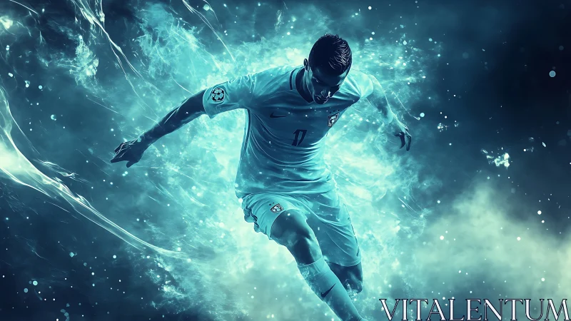 Dynamic footballer isolated in teal energy vapor trail field