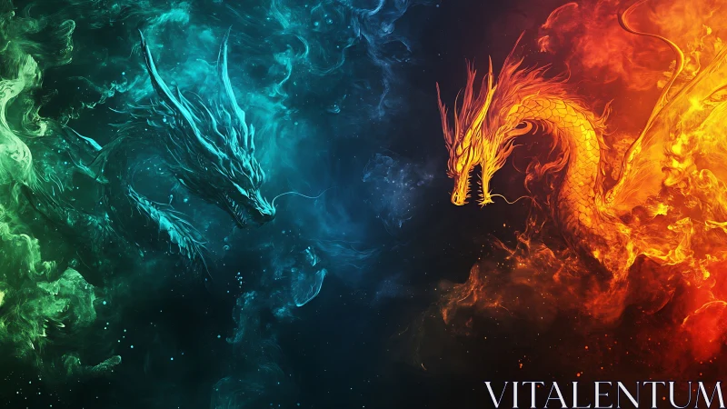 Elemental dragons clash in a swirling fire and ice nebula