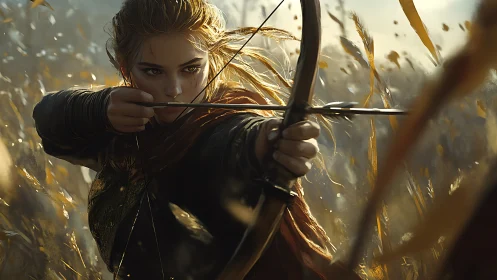 Wind-tossed archer carves a golden path through the field