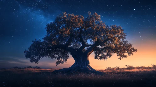 Starlit ancient tree glowing gently in a twilight meadow.