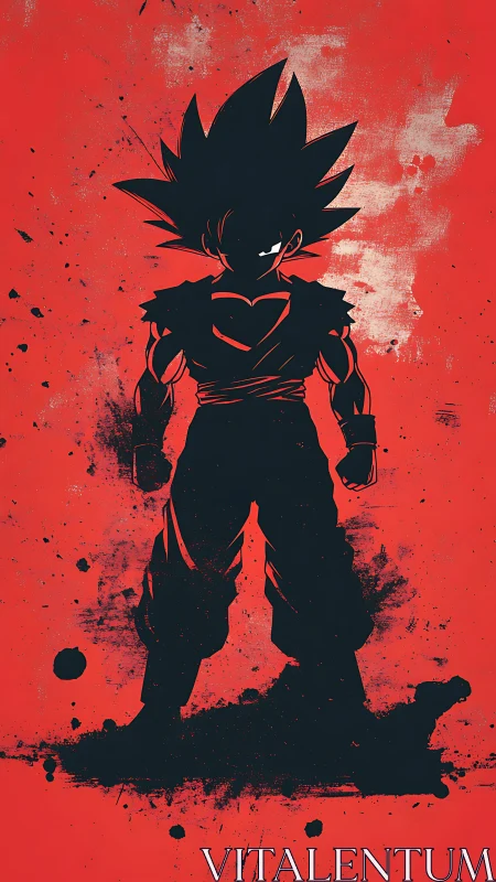 Silhouetted spiky-haired figure stands against red field