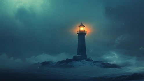 Lighthouse stands on rocky coast under stormy teal sky