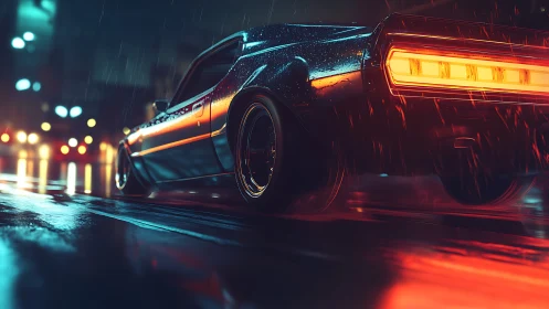 Muscle car rear view on wet neon lit city street at night.