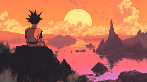 Sunset warrior gazes across neon-tinted alien seascape.