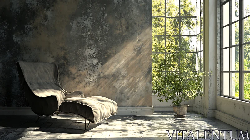 Sunlit lounge corner with distressed wall and armchair.