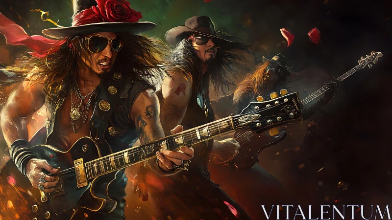 Rock guitarist trio performs with dramatic lighting and motion