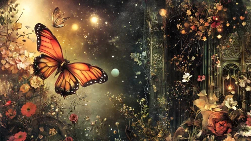 Monarch butterfly hovers among dense flowers and distant orbs