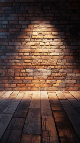Warm spotlight illuminates rustic brick wall and wood floor.