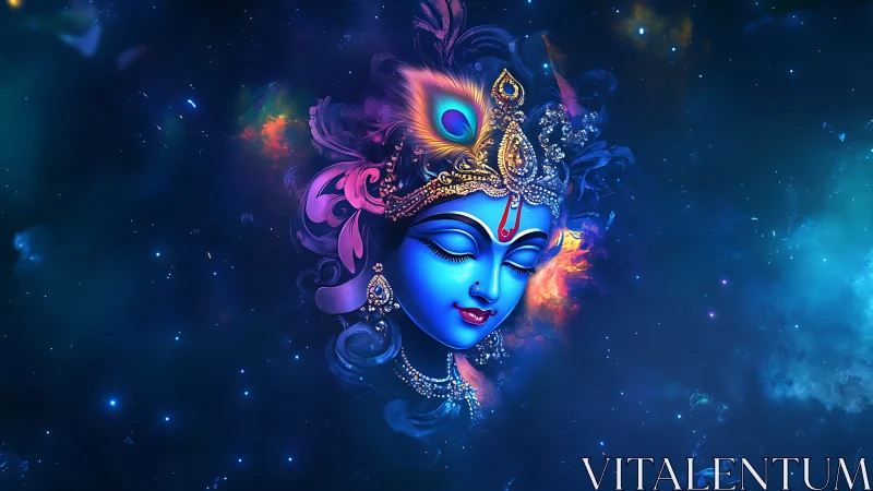 Celestial blue visage drifts like a jeweled moon in cosmos