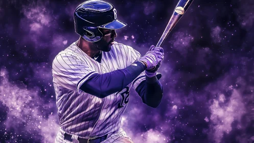 Baseball slugger readies for powerful swing in purple mist.