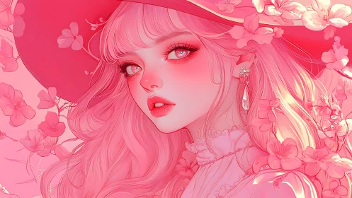 Pink haired girl with hat poses amid blooming flowers