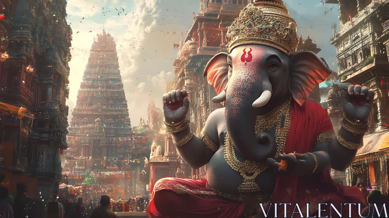 Majestic Ganesha deity rendered in hyper-detailed temple vista
