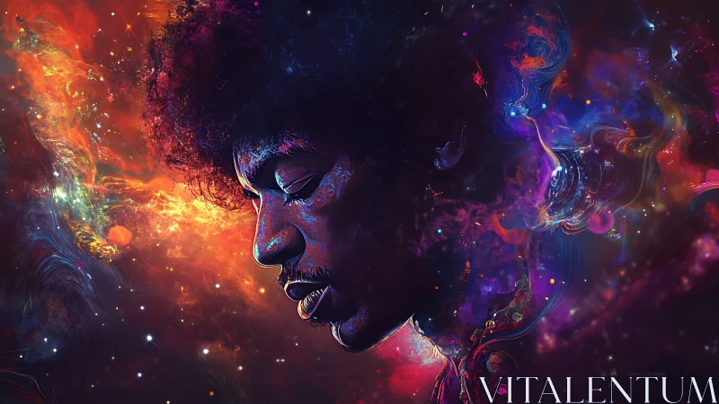 Nebular portrait of contemplative musician in luminous cosmos