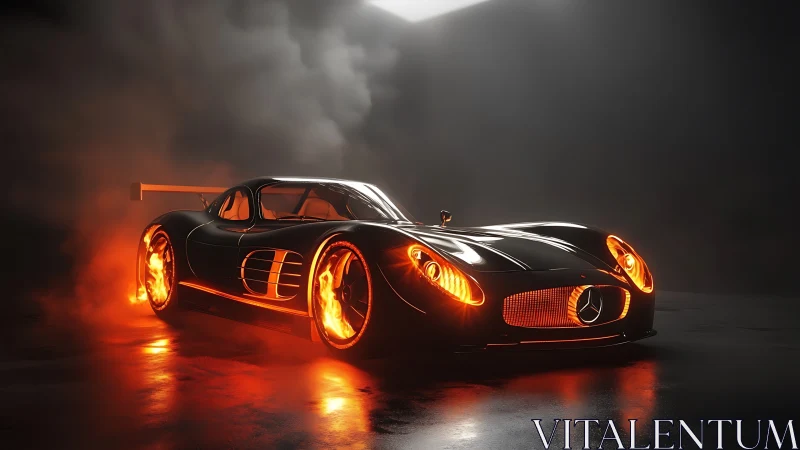 Inferno-lit Mercedes supercar surging through smoky darkness.