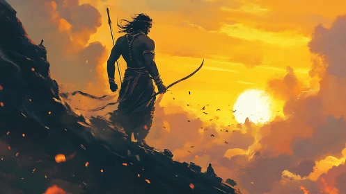 Silhouetted archer stands on rocky slope before low setting sun