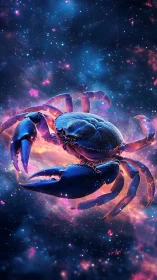 Blue cosmic crab floating in vivid nebula space scene.
