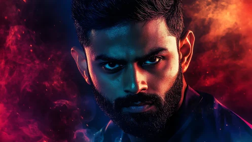 Dual-flame gaze ignites in neon storm of blue and ember.