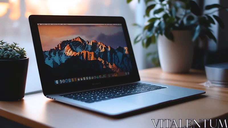Morning-lit laptop quietly stages a mountain sunrise escape