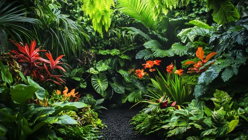 Lush tropical garden with dense foliage and orange flowers.