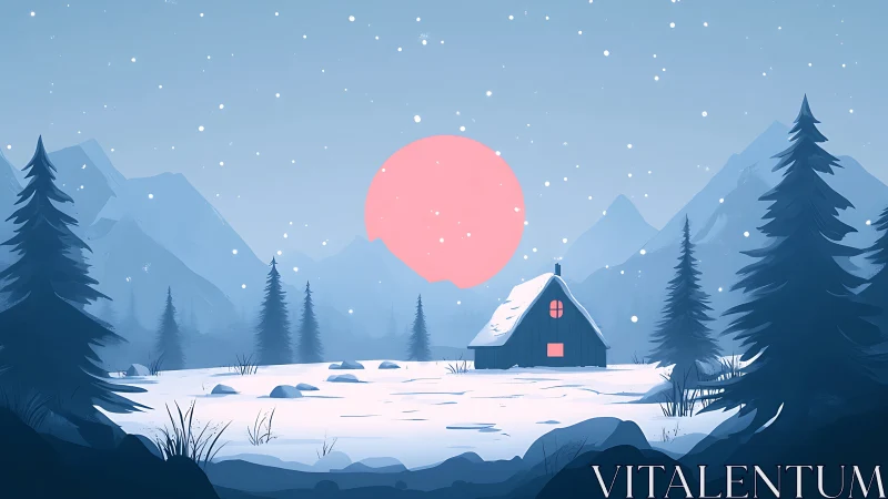 Minimalist winter cabin under stylized pink sun disk