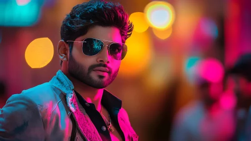 Neon city nightlife frames stylish man in sunglasses.