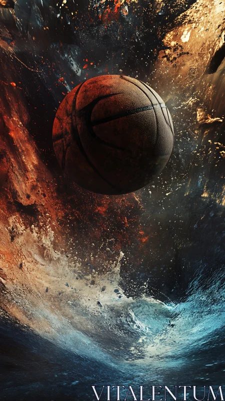 Cosmic court energy as a lone basketball rides wild waves.