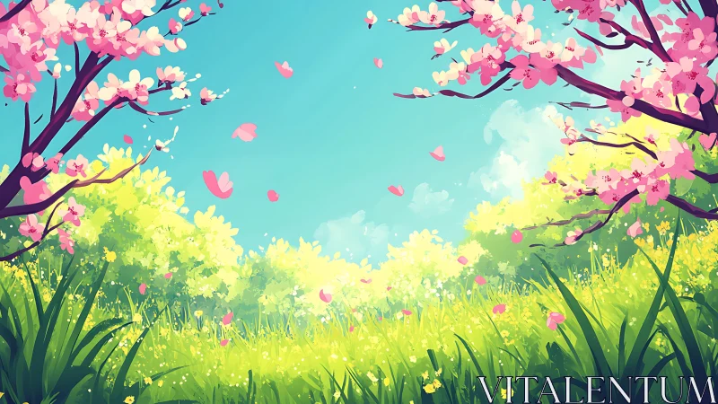 Spring blossom meadow under bright blue sky panorama.